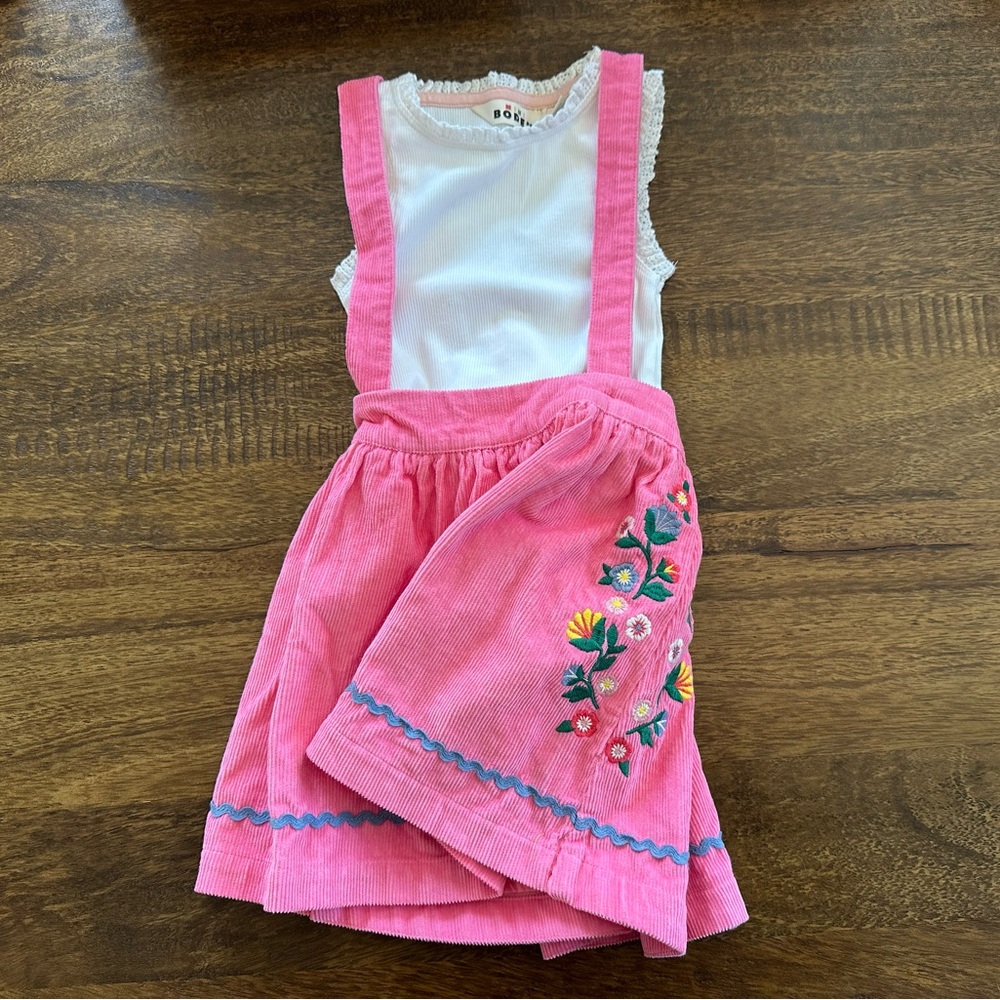 Mini Boden Pink Corduroy Skirt with Flower Embroidery + White Ribbed Shirt